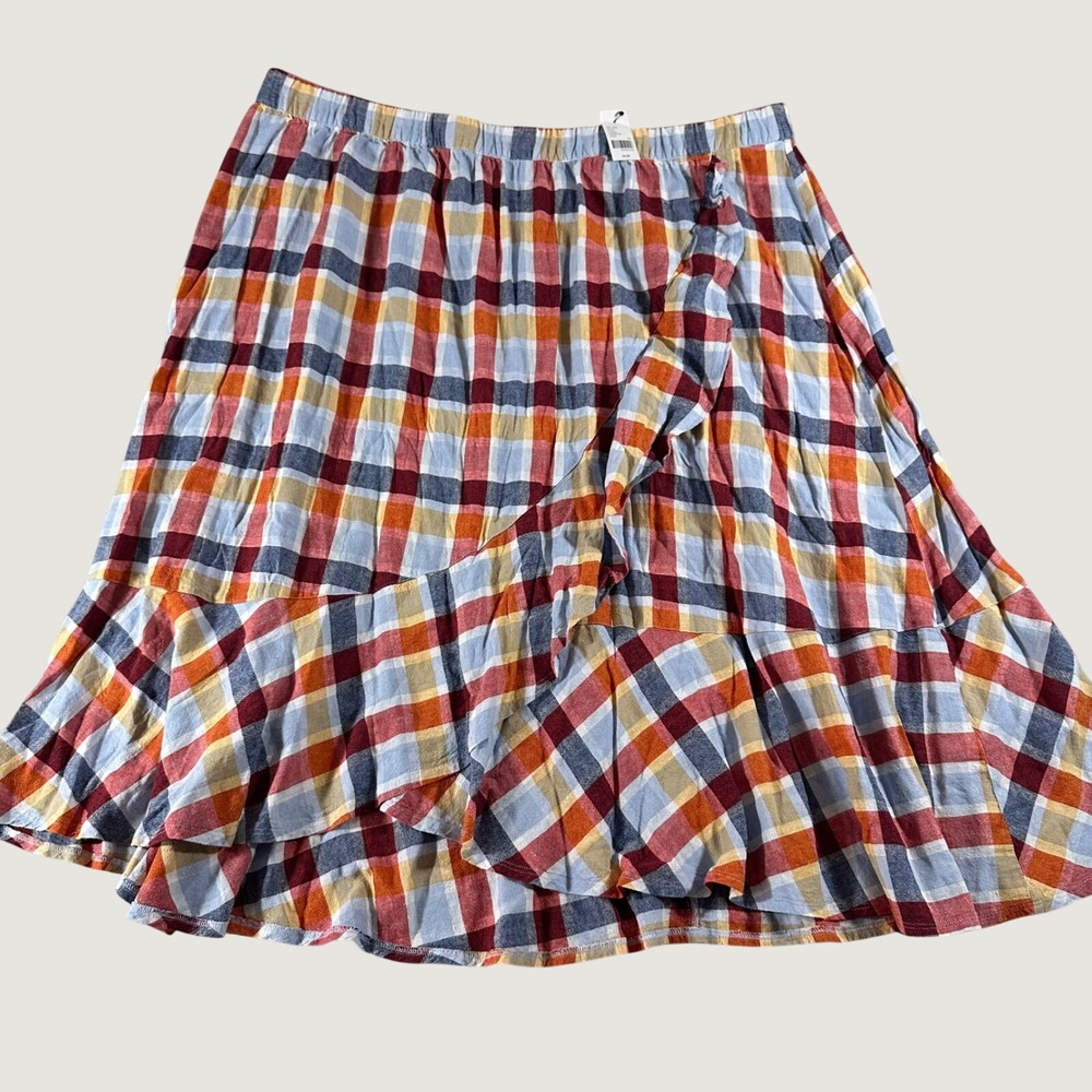 Lane Bryant Plaid Ruffle Boho Midi Skirt size 26/28 Linen Blend Multi Color‎ NWT